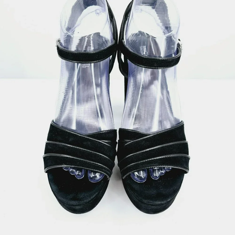 Michael Kors Platform Heels 8 M Black Suede Leather Open Toe Ankle Buckle Strap